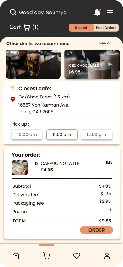 Cart version A on a cream field: a row of recommended drinks at the top, then the closest cafe with pick-up times, then the itemised order and totals