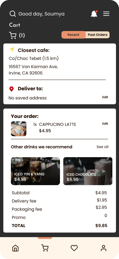 Cart version B on a dark field: the closest cafe and delivery address first, then the itemised order, with the recommended drinks moved below it