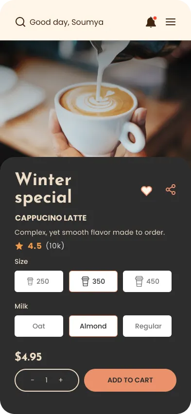 The Bean and Beyond drink screen: a photograph of a latte being poured, the name Cappucino Latte with a 4.5 rating, three size options, three milk options, the price of 4.95 dollars, a quantity stepper and an add to cart button