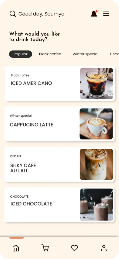 Home screen version B: the same menu with the four drink cards drawn as white cards on the cream background