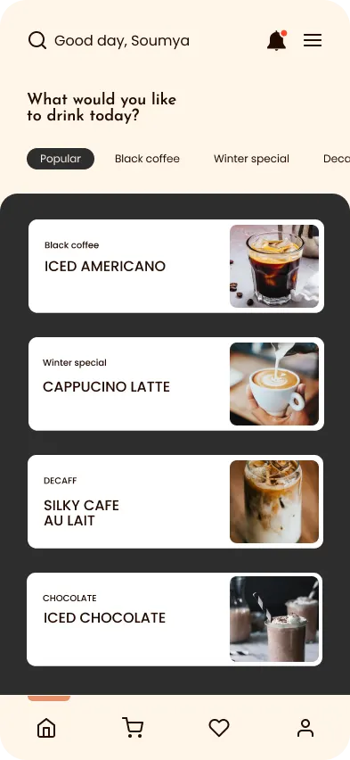 Home screen version C: the same menu with white drink cards sitting on a dark panel that runs behind the whole list