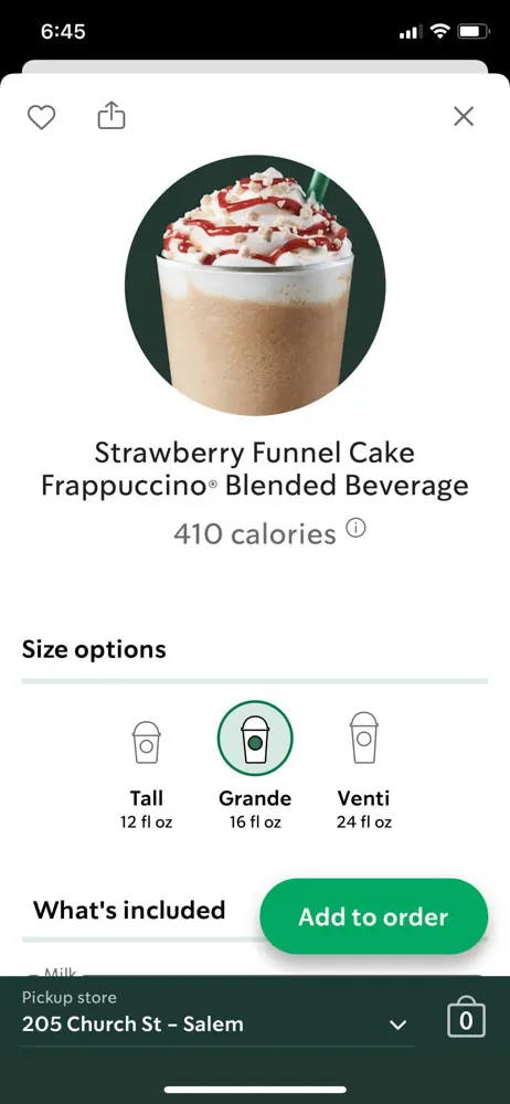 A Starbucks app drink detail screen: a photograph of a Frappuccino, its calorie count, three size options with Grande selected, a what's included list, and a green add to order button
