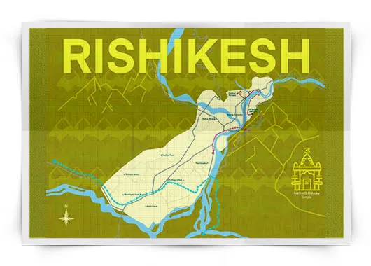 A folded map of Rishikesh printed in yellow-green, with the Ganga drawn wide in blue, a line drawing of a temple gate at the lower right, and RISHIKESH set large across the top.