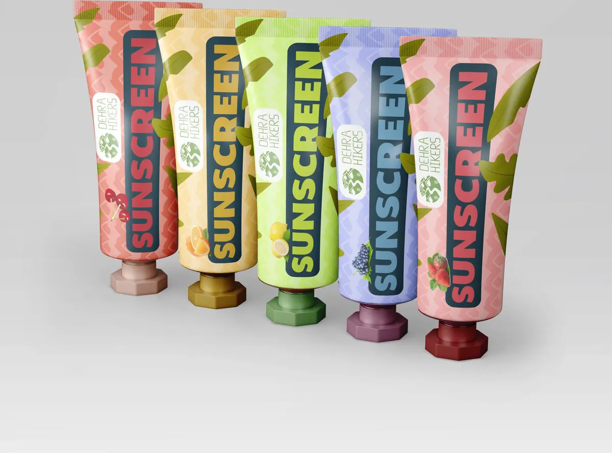 Five sunscreen tubes in pink, yellow, green, lilac and blush, each carrying the Dehra Hikers mark above a leaf pattern and the word SUNSCREEN in a rounded slab.