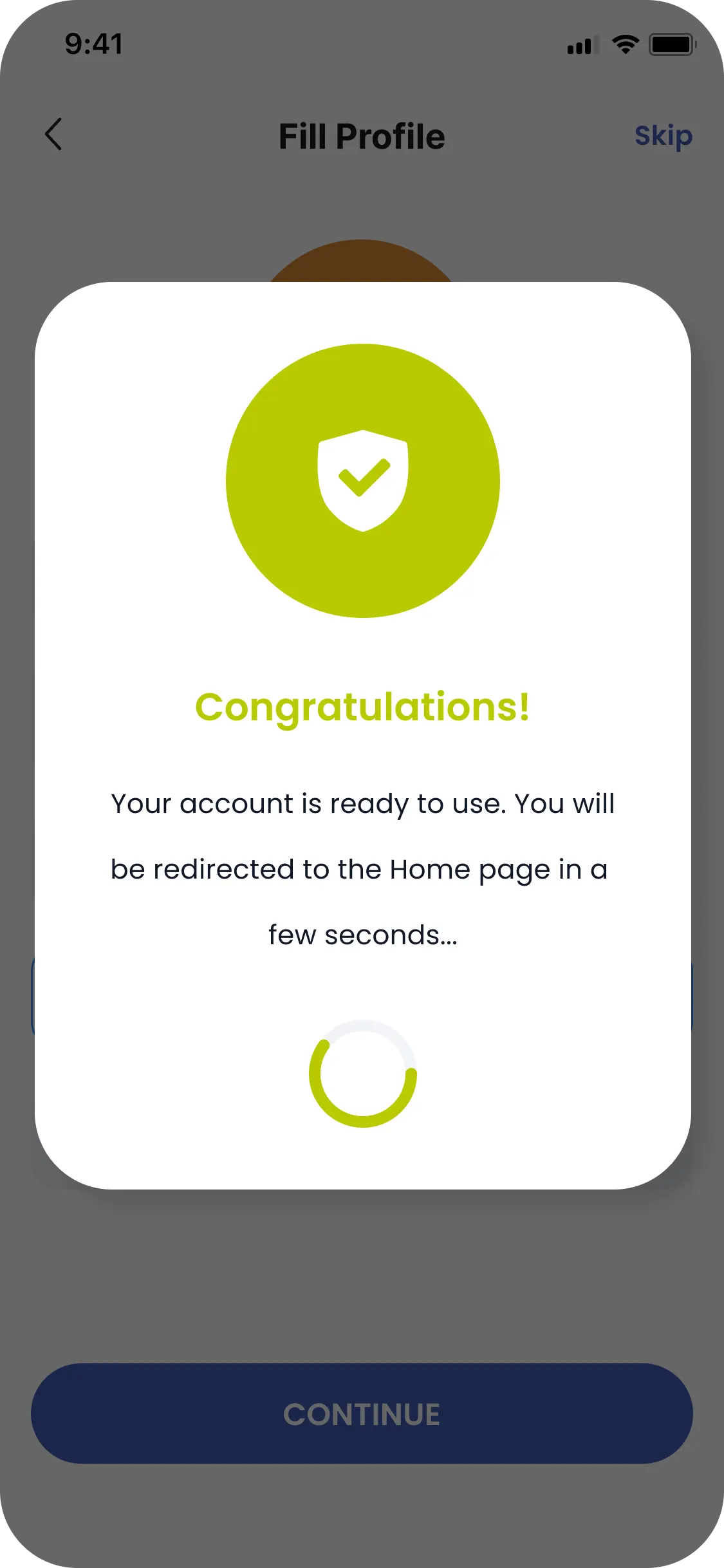 The Doctify confirmation over a dimmed Fill Profile screen: a white card with a green shield and tick, the word Congratulations, the line your account is ready to use and you will be redirected to the home page in a few seconds, and a loading ring