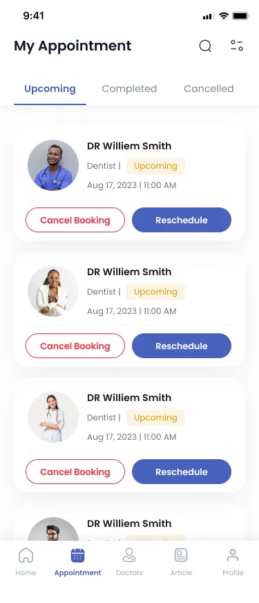 The Doctify appointment history on the Upcoming tab: cards for each booking with the doctor, an Upcoming label, the date and time, and a Cancel Booking and Reschedule button on every one