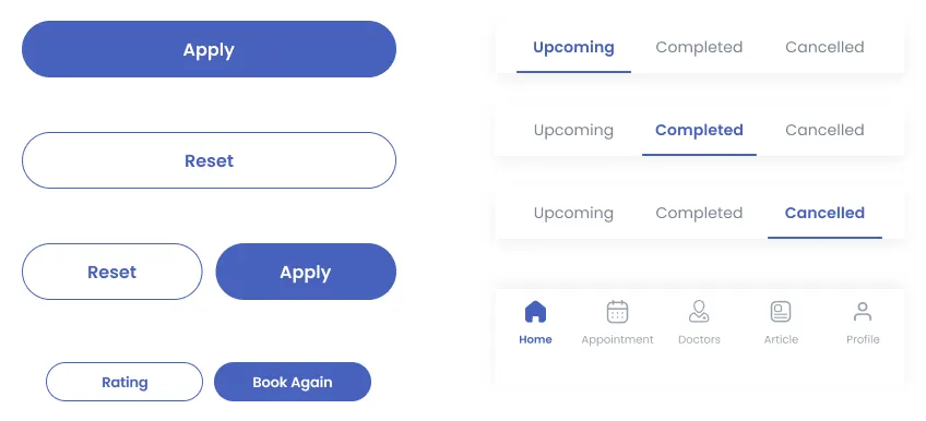 The Doctify component sheet: a solid Apply button, an outlined Reset button, a Reset and Apply pair, a Rating and Book Again pair, the Upcoming, Completed and Cancelled tab shown in each of its three selected states, and the five-icon bottom bar with home, appointment, doctors, article and profile