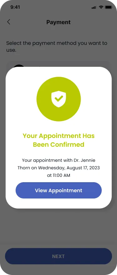 The Doctify confirmation: a card over the dimmed payment screen with a green tick, the words Your Appointment Has Been Confirmed, and the doctor, day, date and time written out underneath, above a View Appointment button