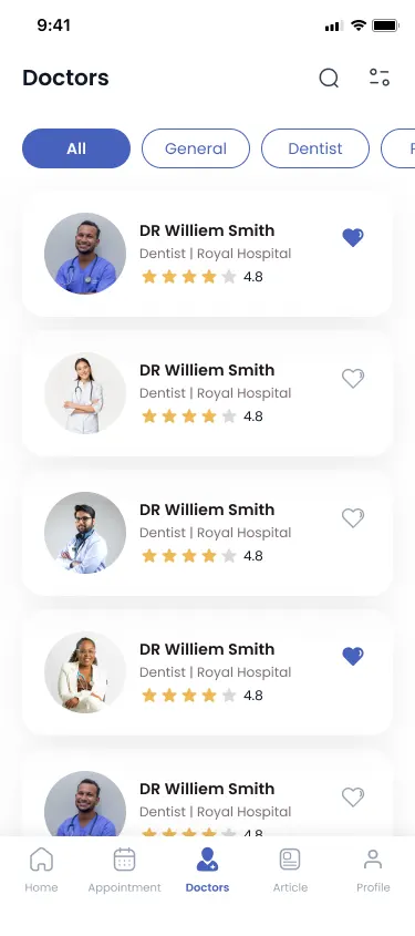 The Doctify doctors screen: a search icon and filter icon in the header, a row of specialty chips with All selected, and a list of doctor cards each with a photograph, a name, the clinic, a 4.8 star rating and a heart to save them