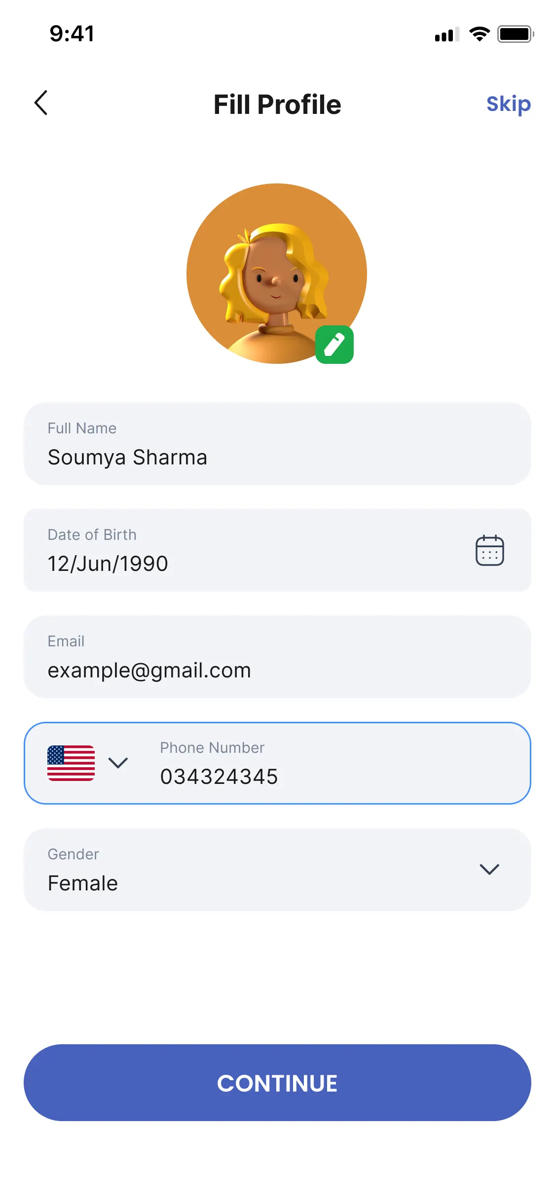 The Doctify Fill Profile screen: a back arrow, the title, and Skip in the corner, an avatar with an edit badge, and fields for full name, date of birth, email, phone number and gender above a Continue button