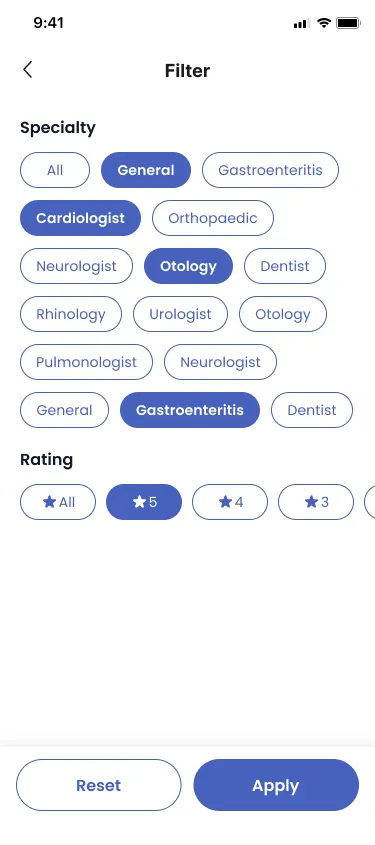 The Doctify filter screen: a Specialty section of sixteen chips over six rows — general, gastroenteritis, cardiologist, orthopaedic, neurologist, otology, dentist, rhinology, urologist, pulmonologist — with four of them selected, then a Rating row of star options with five stars chosen, and Reset and Apply buttons pinned at the bottom