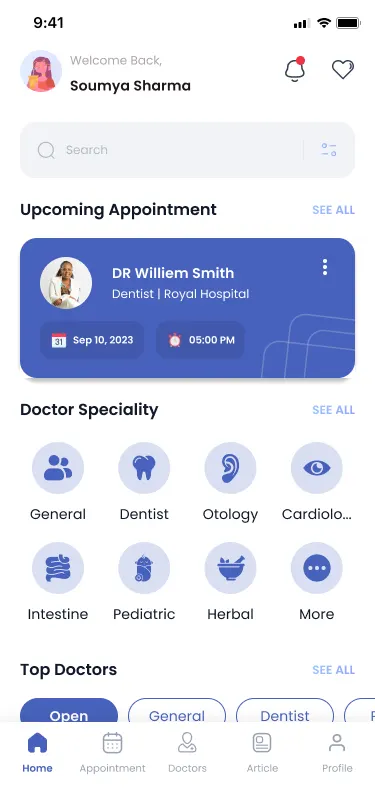 The finished Doctify home screen: welcome back Soumya Sharma with an avatar, a search field, an upcoming appointment card in brand blue showing the doctor, the date and 05:00 PM, an eight-tile doctor speciality grid, and the start of the top doctors row