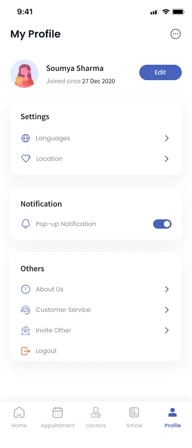 The Doctify profile screen: the account holder with the date she joined and an Edit button, settings for languages and location, a Notification section with the pop-up notification switch turned on, and links to about us, customer service, invite other and log out