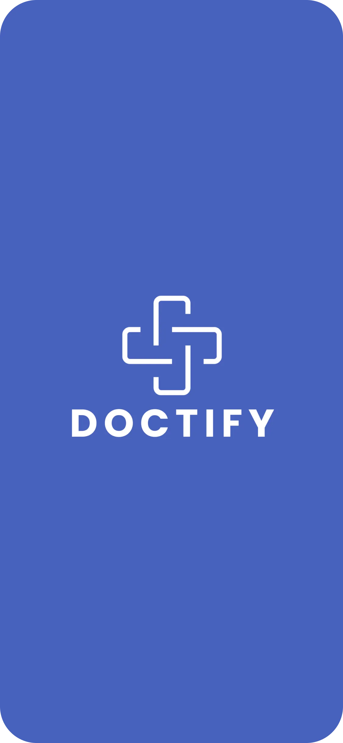 The Doctify launch screen: the white cross mark and the DOCTIFY wordmark centred on a field of brand blue