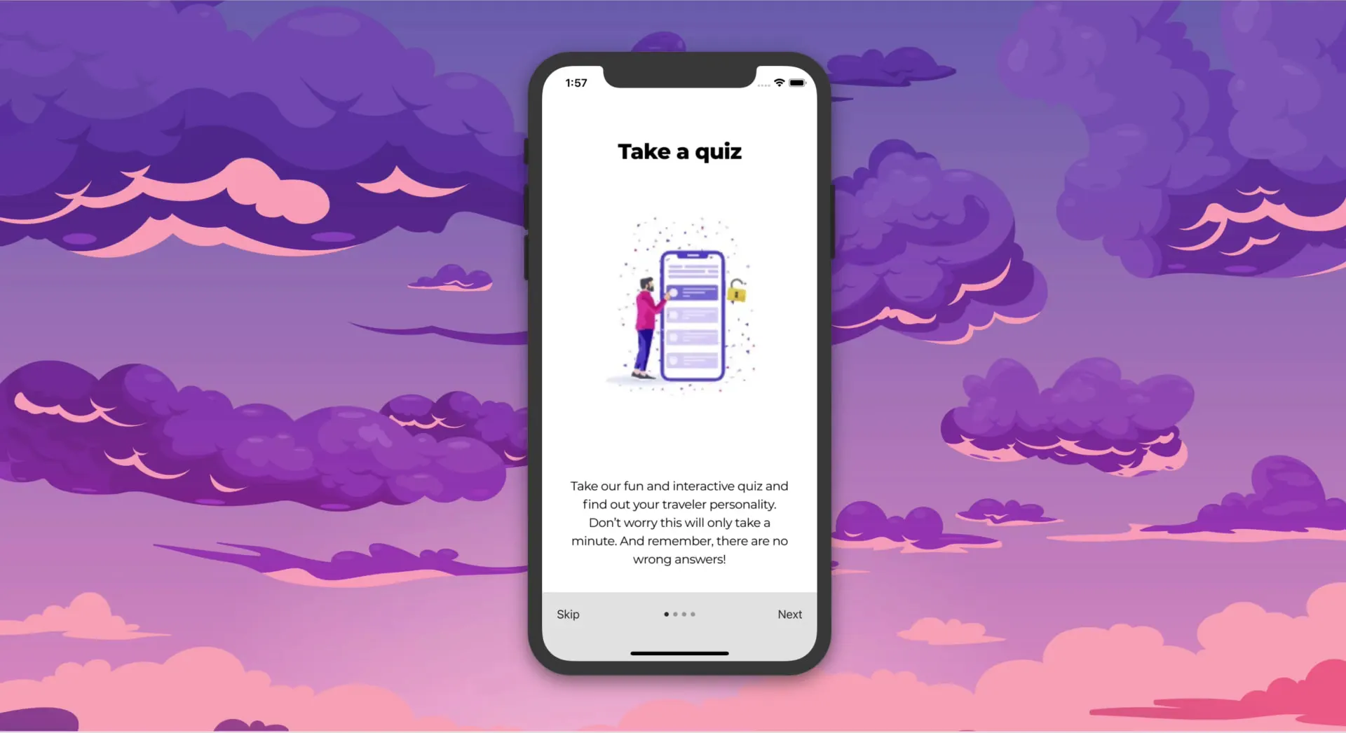 The Hodo prototype running in a phone mockup on the app's purple cloud field: the onboarding screen Take a quiz, with its illustration, the line about finding your traveler personality, and Skip and Next under it