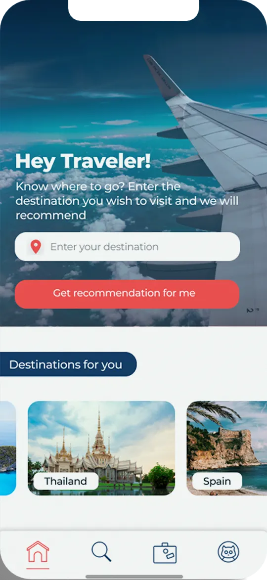 The finished Hodo home screen: a photograph taken from an aeroplane window behind the greeting Hey Traveler, a destination field holding Italy, a red Recommend button, and a Destinations for you row showing Thailand and Spain