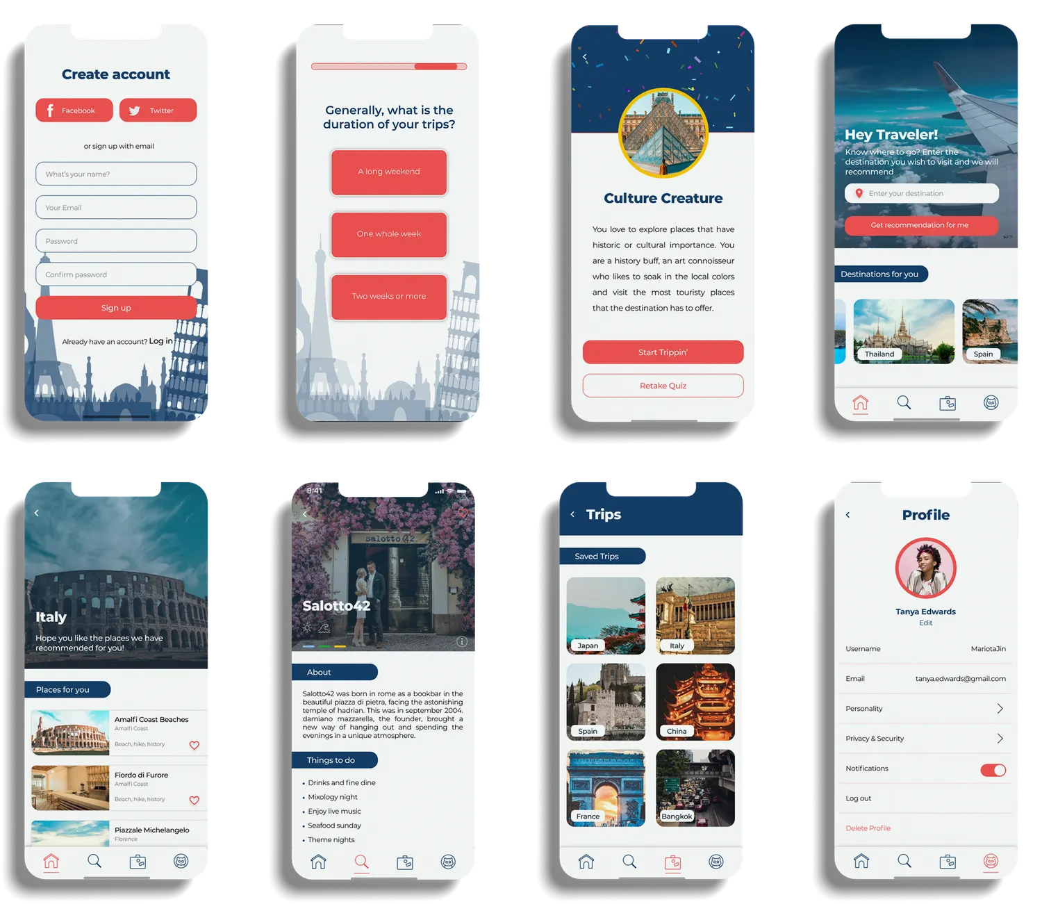 Eight finished Hodo screens in two rows of four: create account over a blue skyline, the trip-duration question with three answers, the Culture Creature personality result, the Hey Traveler home screen, an Italy destination page listing places, the Salotto42 place page, saved trips, and a profile page