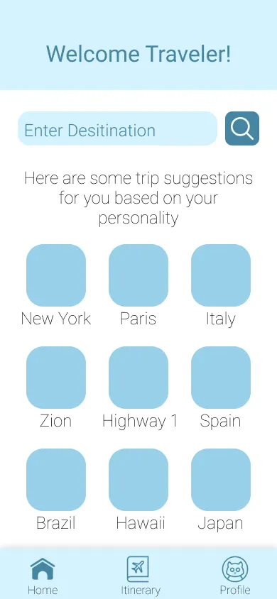 The Hodo home wireframe: Welcome Traveler, a destination field with a search button, the line here are some trip suggestions for you based on your personality, nine placeholder tiles named New York, Paris, Italy, Zion, Highway 1, Spain, Brazil, Hawaii and Japan, and a home, itinerary and profile tab bar