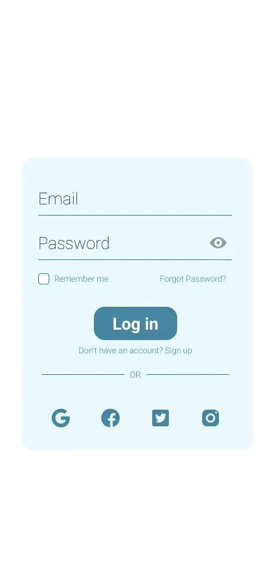 The Hodo log-in wireframe: an email field, a password field with a show-password eye, a remember-me checkbox and a forgot-password link, a Log in button, a sign-up line, and four social sign-in marks under an OR rule