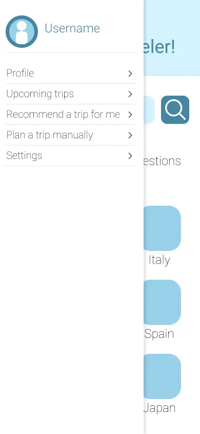 The Hodo menu wireframe: a username with an avatar at the top, then profile, upcoming trips, recommend a trip for me, plan a trip manually and settings, sliding over the home screen