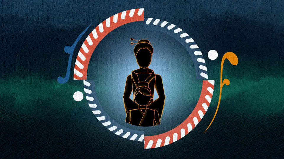 Film frame: a seated figure in silhouette inside a broken ring of red and white dashes, lit from behind in blue.