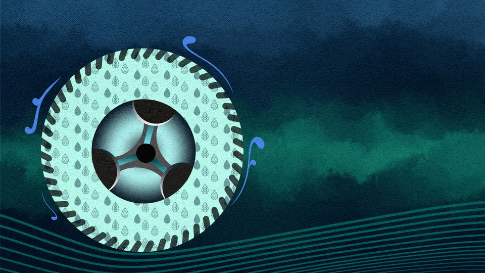 Film frame: a tyre drawn as a glowing pale-green ring of treads with a wheel at its centre, floating over a dark green field.