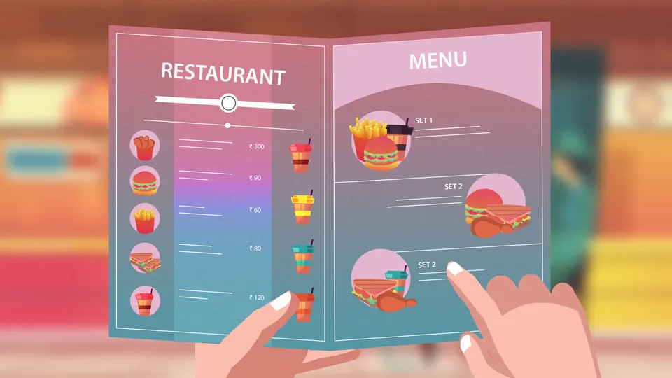 Film frame: two hands holding a translucent menu screen showing a restaurant's items and prices with photographs of each dish.