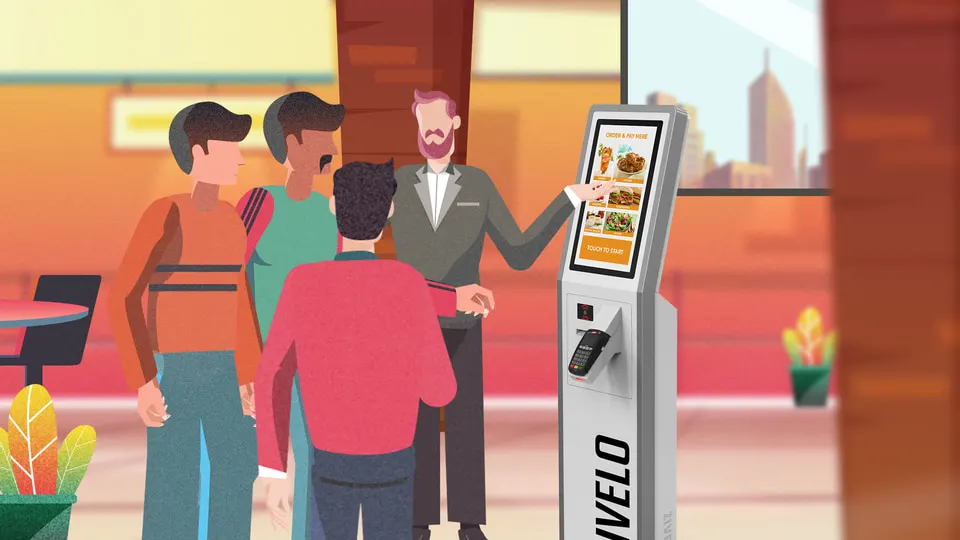 Film frame: four customers bunched around a single Zivelo self-order kiosk inside a warm-lit lobby, waiting their turn.