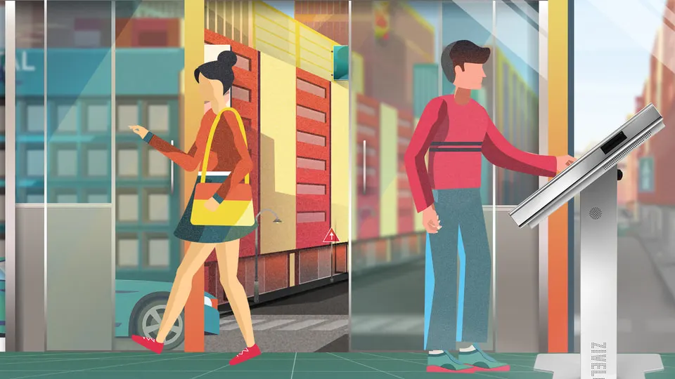 Film frame: two customers at two separate Zivelo kiosks on a city street, one walking away already served.