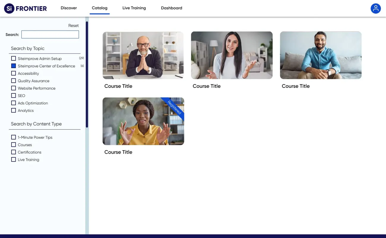 The redesigned Frontier catalog: a search field, filters by topic and content type on the left, and photographic course cards
