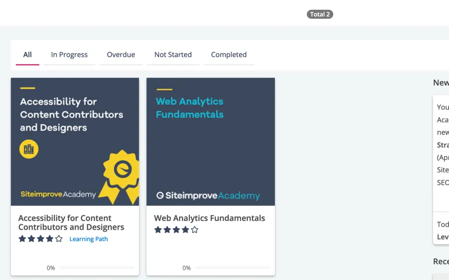 The old Siteimprove Academy course library: cramped tabs, dark course tiles with star ratings, and a news column
