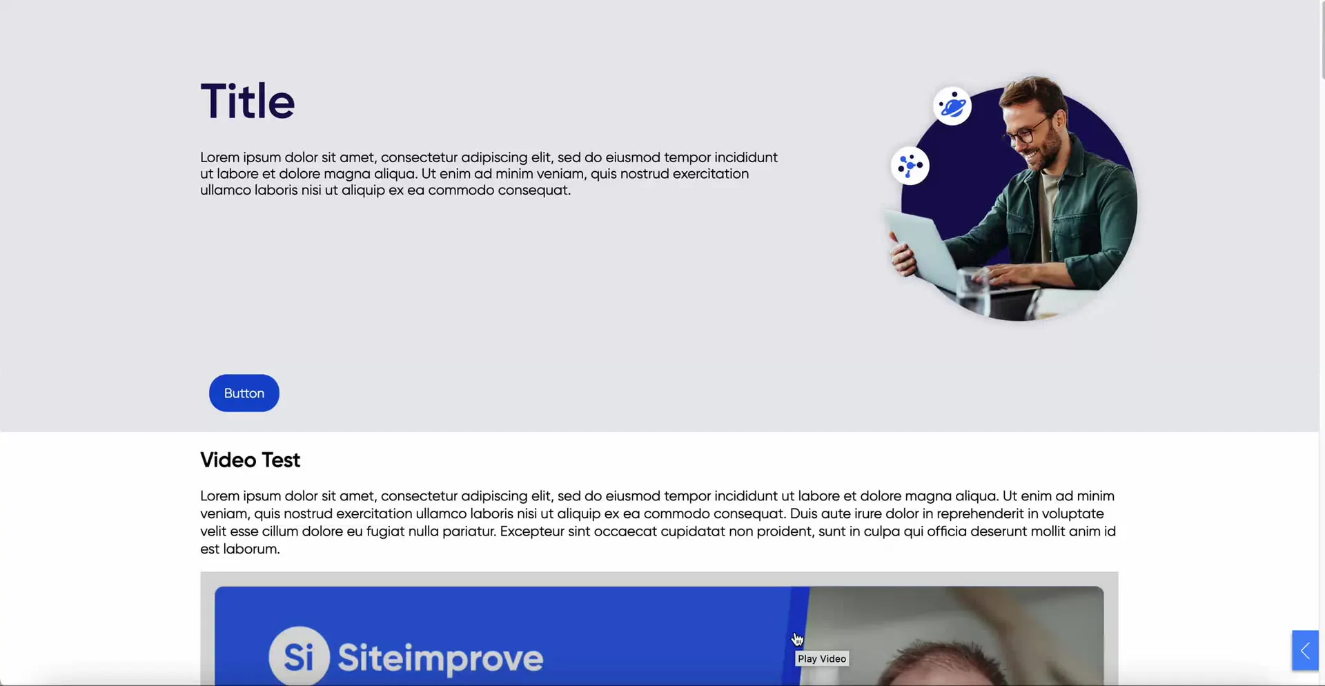 A Frontier course page scrolling through its own layout: a titled hero band, a Video Test section with a Siteimprove webinar player, a gallery, and accordion and dialogue components below it