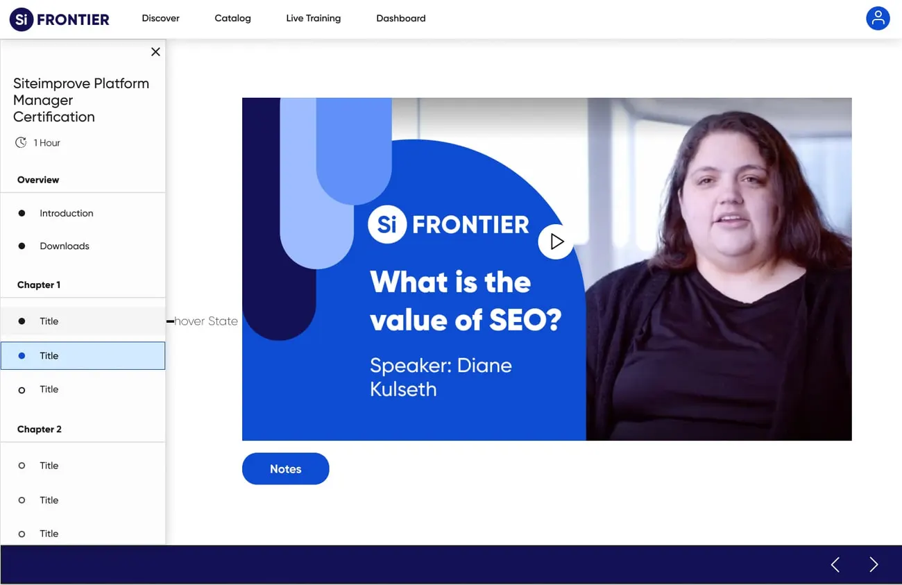 A Frontier course page playing a video lesson titled What is the value of SEO, with the chapter list on the left