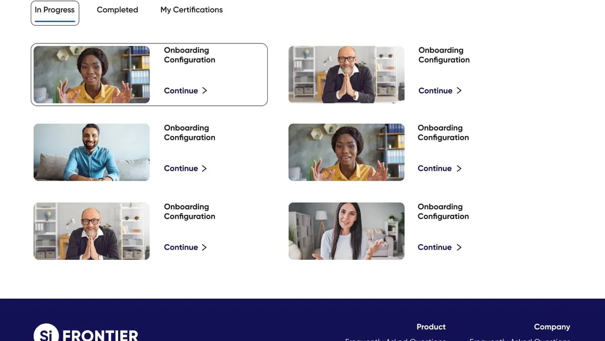 The Frontier dashboard showing in-progress courses with continue links, completed courses and certifications tabs