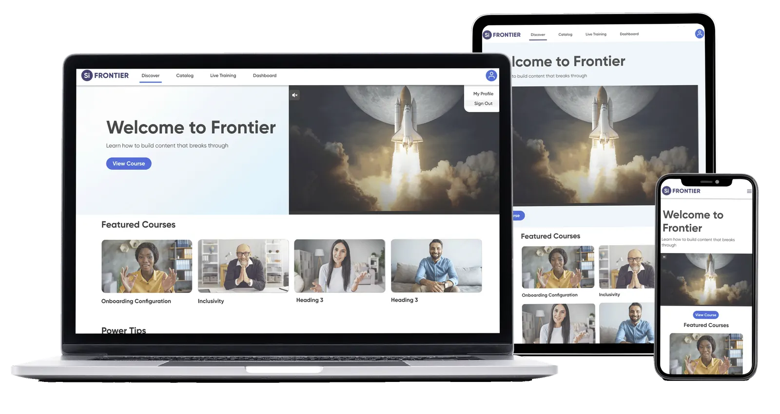 Frontier shown on a laptop, a tablet and a phone, each carrying the same layout and design system