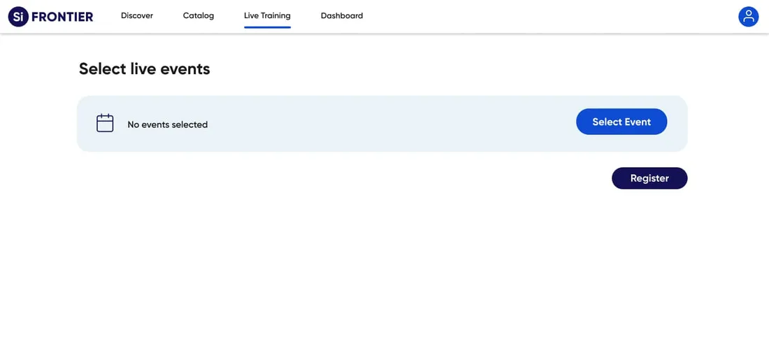 Step one of live event registration: a clean select-live-events screen with Select Event and Register actions