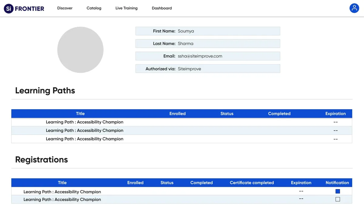 The redesigned Frontier profile page with account details, learning paths and registrations tables