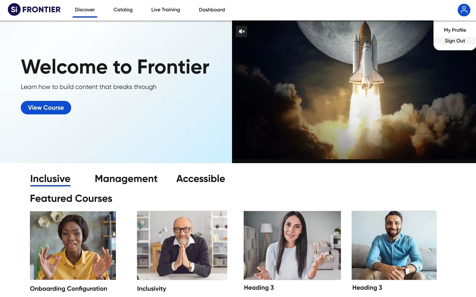Frontier's Discover page — the learning platform I designed for Siteimprove