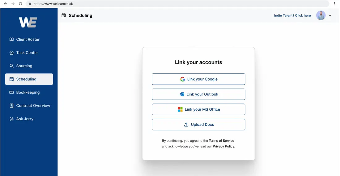The live WellEarned scheduling page in a browser window: an empty page with a single centred card offering to link a Google, Outlook or Microsoft Office account, beside a sidebar of seven navigation items