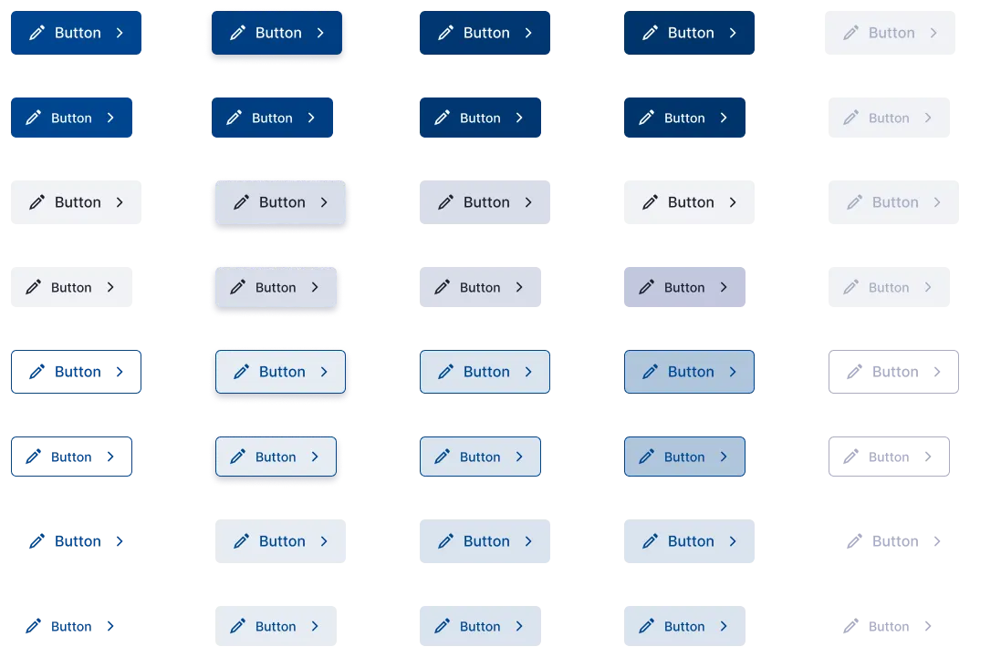The WellEarned button specification: a grid of eight button variants across five columns of state — solid, subtle, outlined and quiet treatments, ending in a disabled column