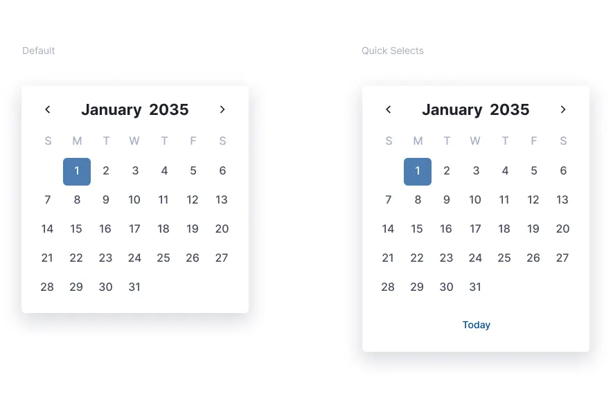 The WellEarned date picker specification: a default January calendar with the first selected, beside a quick-selects variant that adds a Today shortcut